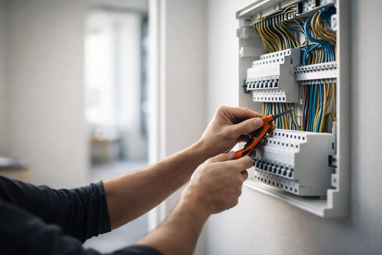 Instalacje elektryczne — montaż rozdzielnicy i okablowania w nowoczesnym wnętrzu (ilustracyjne zdjęcie).